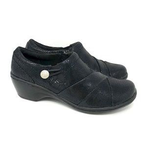 New Clarks Channing Ann Wedges Black Lizard Print Leather Shoes - Size 8.5 M